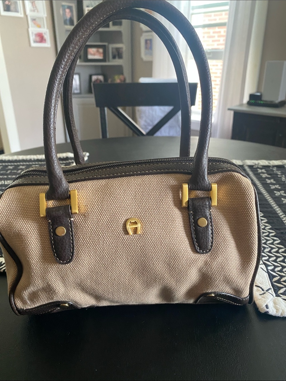 Etienne Aigner Beige Canvas Mini Satchel with Dark Brown Trim